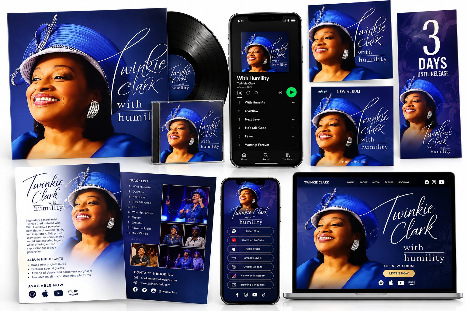 With Humility album release set: cover art on vinyl and CD, streaming view, social rollout graphics, one-sheet, mobile link page, and website header