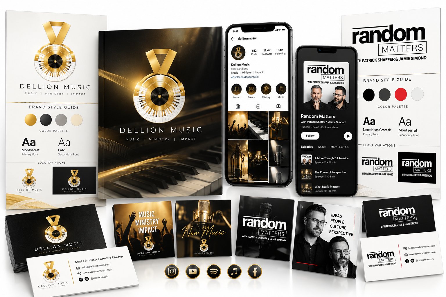 Two brand identity sets: logos, style guides with color palettes and fonts, business cards, and social media profile graphics