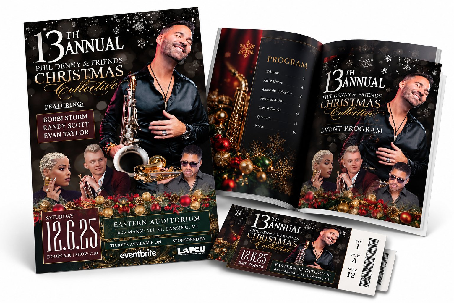 Christmas Collective event set: poster flyer, open program booklet, and printed ticket
