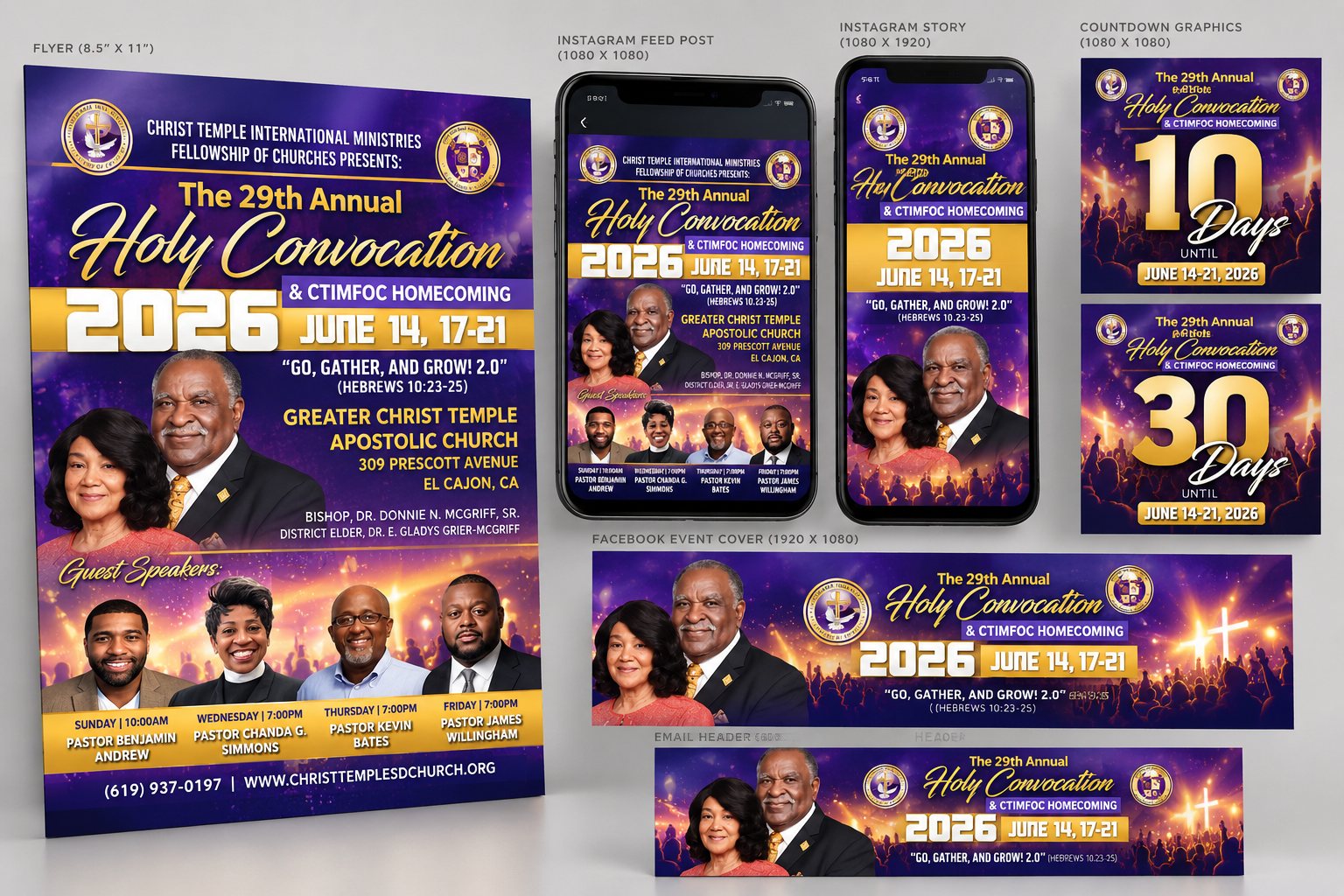 Holy Convocation promo set: flyer, Instagram post, Instagram story, two countdown graphics, Facebook event cover, and email header