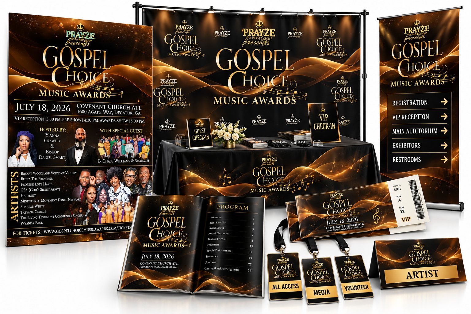 Gospel Choice Music Awards event suite: flyer, step-and-repeat backdrop, check-in signs, program, VIP tickets, lanyard badges, table card, and wayfinding banner